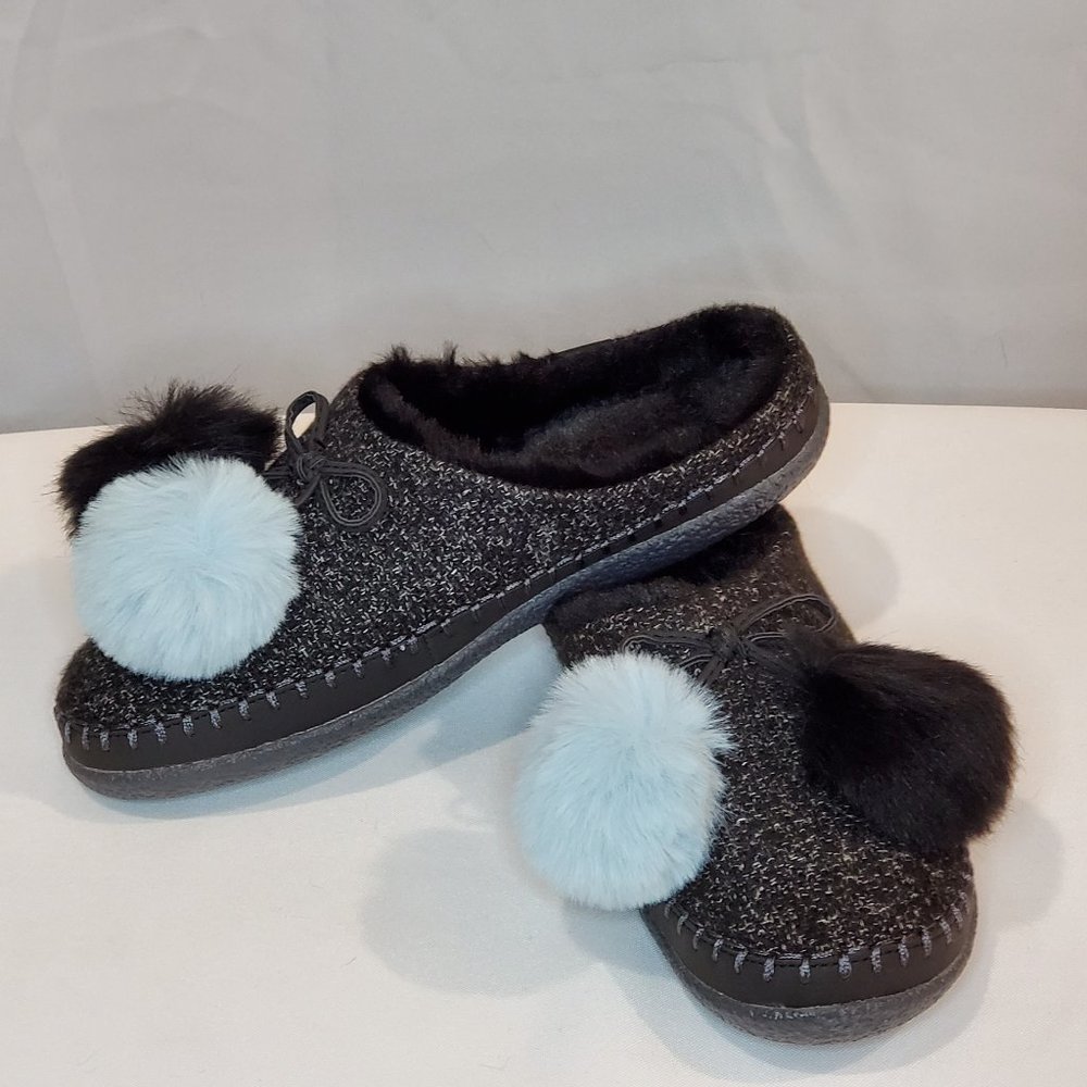 TOMS Black Multi-Color Felt PomPom Slippers NWT 6
